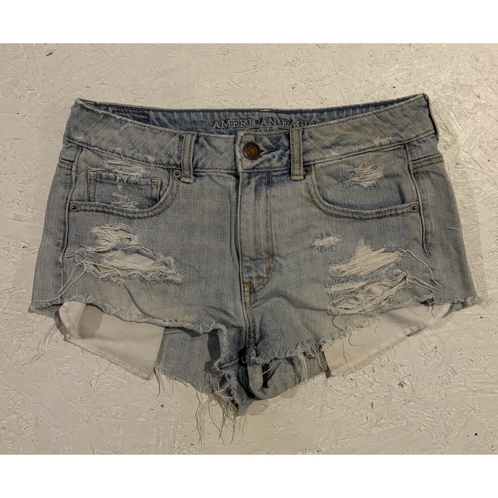American Eagle Next Level Stretch Cut Off Denim Shorts Distressed Size 6 Blue